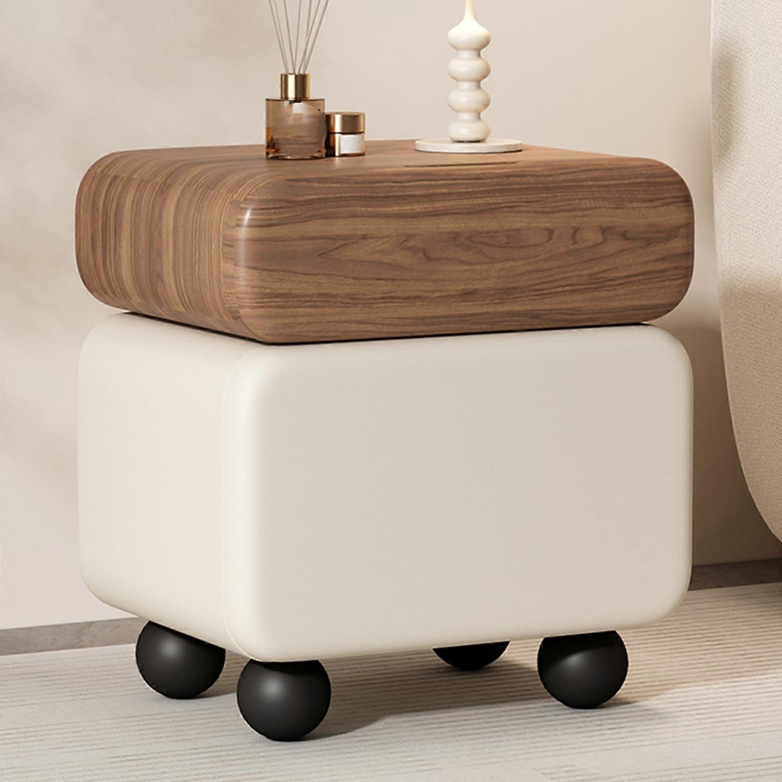 Solid Wood Bedside Table with Rotatable Double Drawers, Large Storage, Brown and White 50x40x50cm