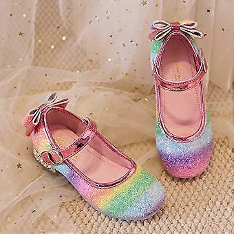 Sandali per bambine e ragazzi, con fiocco arcobaleno, punta aperta, suola non morbida, scarpe con tacco alto, sandali alla moda per tutti i giorni, rosa, 5-5,5 anni