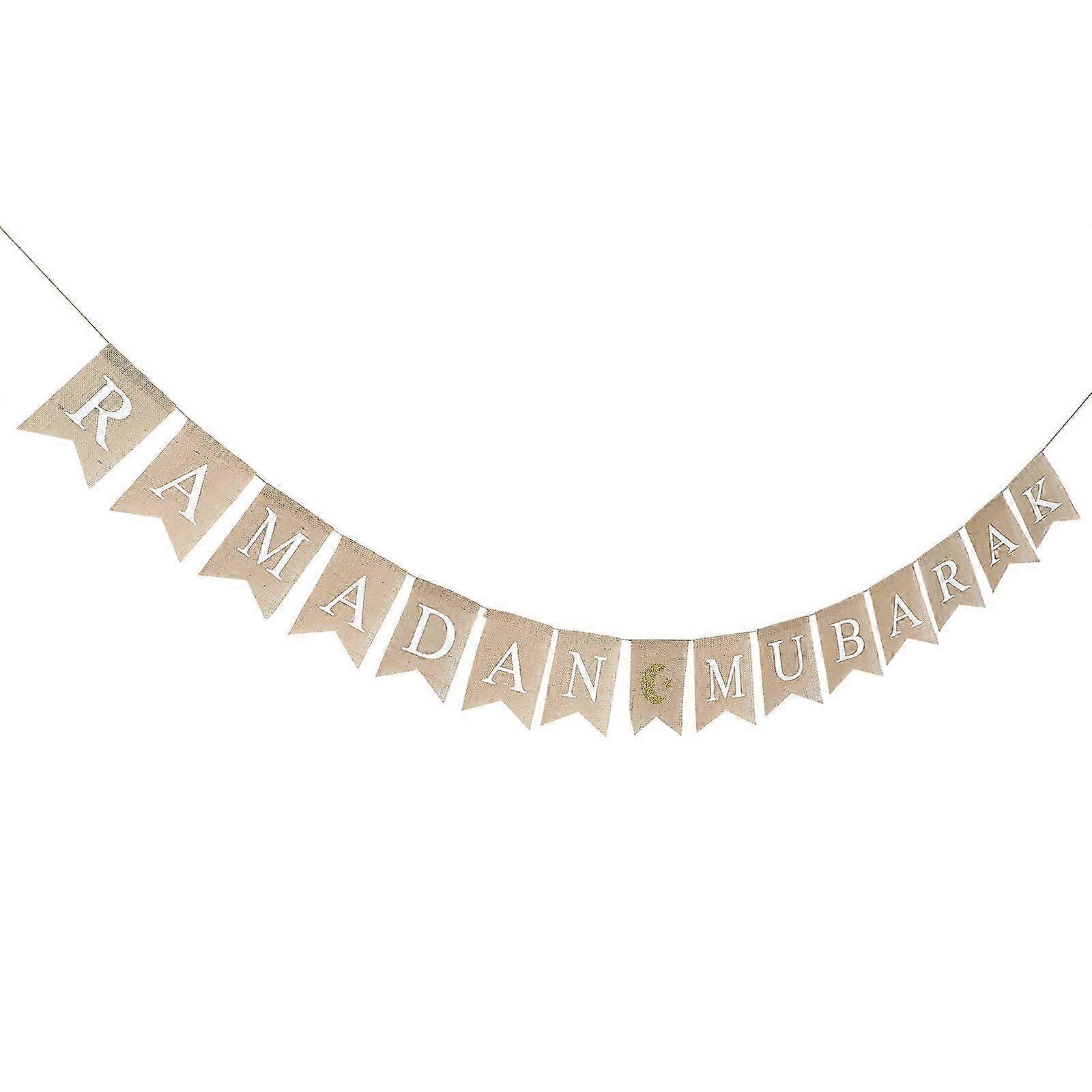 Ramadan Burlap Linen Banner Bunting 2Pcs, Eid Decorative Pull Flag