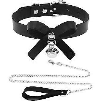 Collar de lazo de cuero negro con campana, collar de PU ajustable con juego de correa de cadena