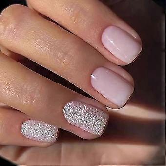Press on Nails, 24Pcs Short Square Pink Glitter Acrylic Fake Nails, Reusable Set with Glue Stickers