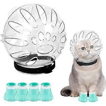 Cat Muzzle & Paw Boots Set: Adjustable Breathable Cat Helmet Hood & 4 Silicone Paw Covers for Kittens - Anti Bite Protection