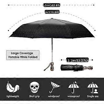 Gothic Skull Umbrella, Windproof Compact Folding Travel Rain Umbrella with Metal Handle
