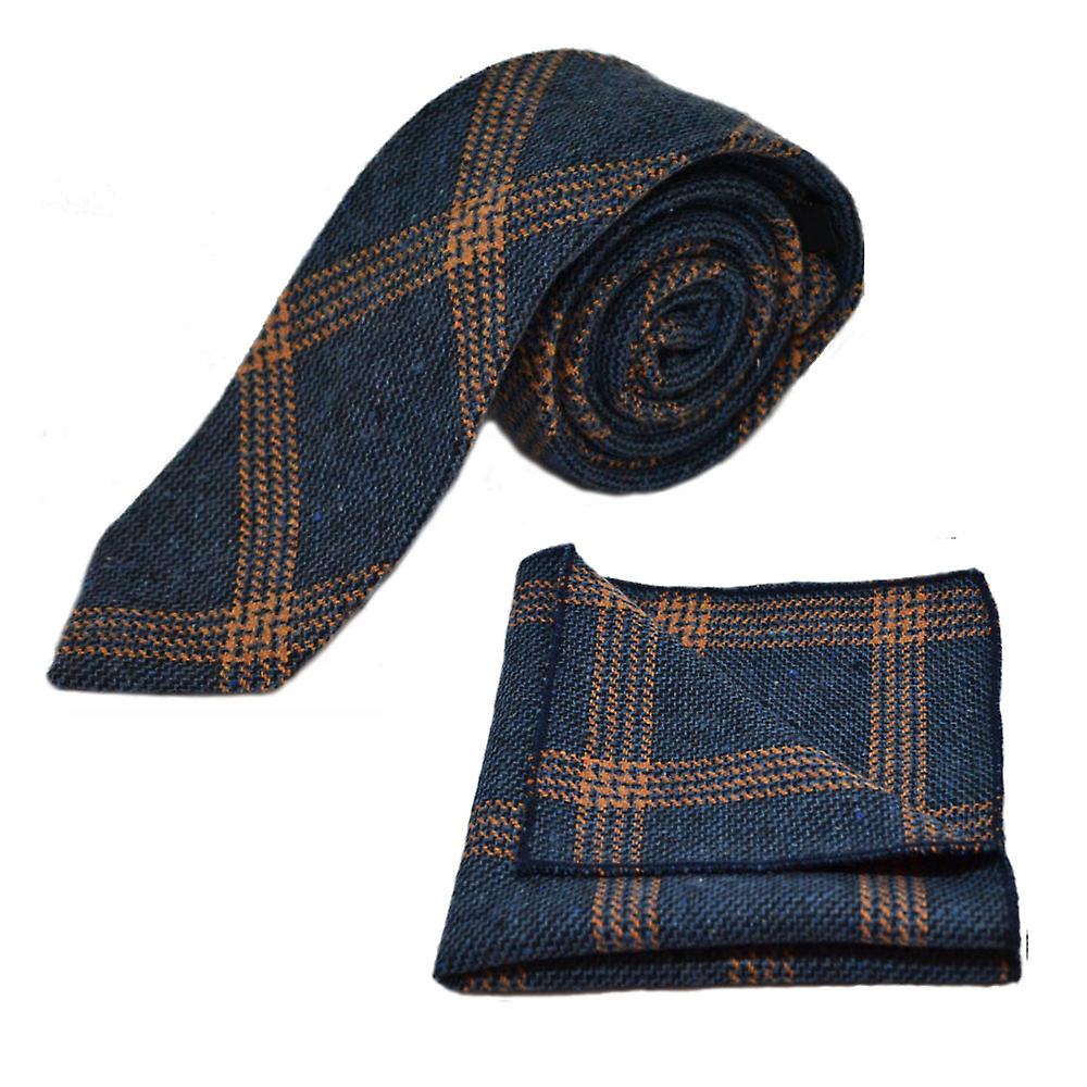 Denim Blue &amp; Orange Birdseye Check Tie &amp; Pocket Square Set