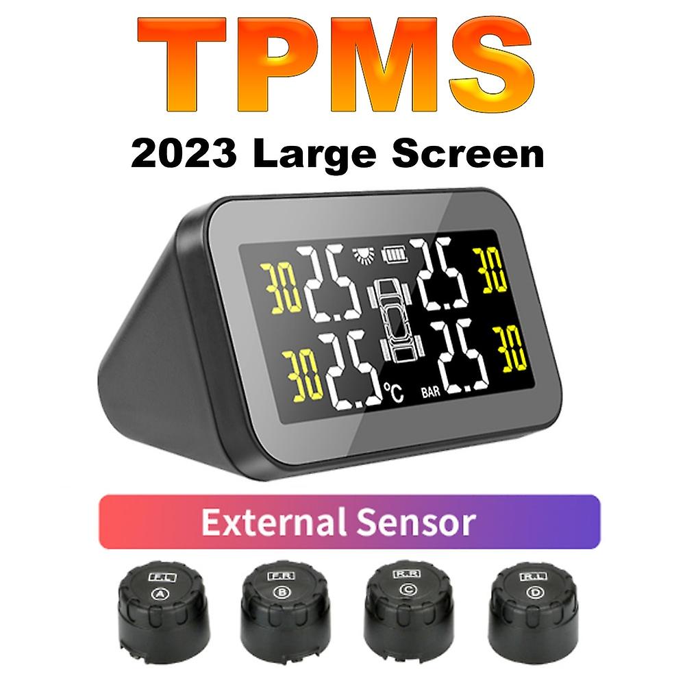 Solar Power Tpms Car Tire Pressure Alarm Monitor System Big Screen Pressure Temperature Warning Built-in And External Sensors