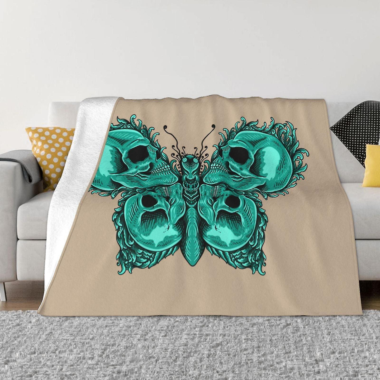 Flannel kaste tæppe til sofa, kranie print med sommerfugle seng sofa indretning tæpper til hjemmet soveværelse,-ujki595