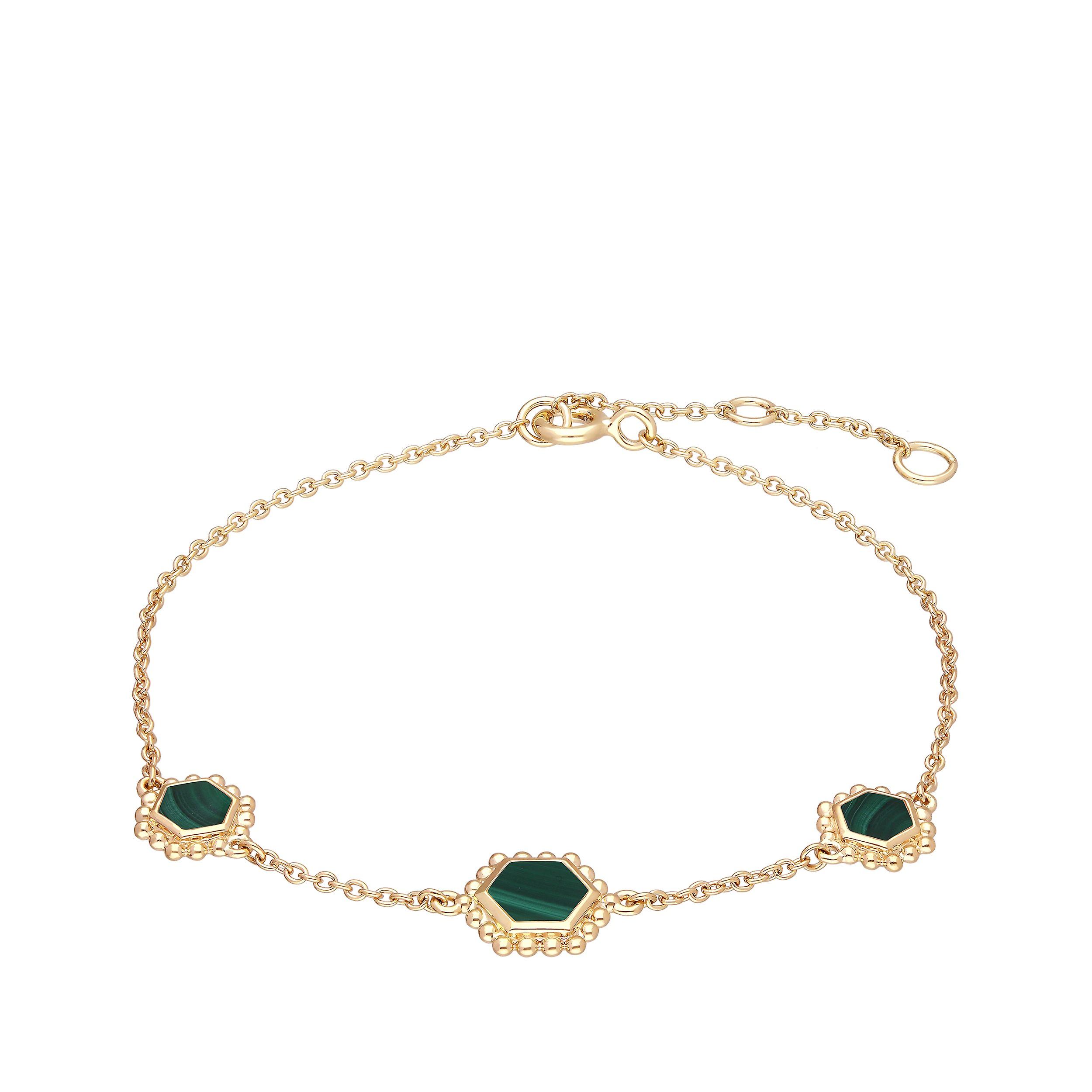 Malachite Flat Slice Hex Chain Bracelet in Gold Plated Sterling Silver 271L007802925