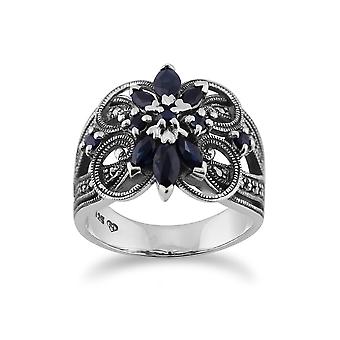 Art Nouveau Style Marquise Sapphire & Marcasite Floral...