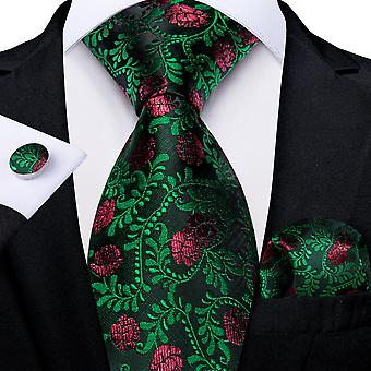 Black Red Reose Floral Ties for Men 8cm Men's Silk Tie Handkerchief Cufflinks Set Formal Wedding Tie Gift for Men