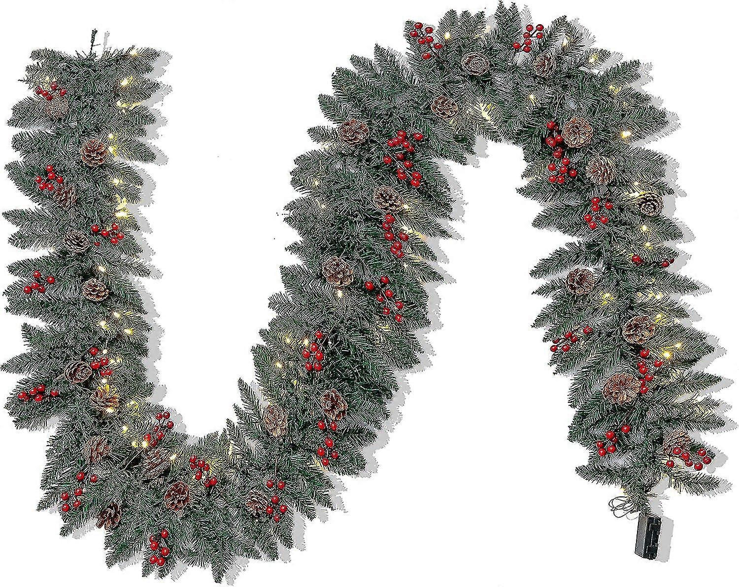 Waterzx 2.7m artificial Christmas wreath, 27 pinecones, 27 red berries, for home and office Christmas decorations (battery powered, excluding batterie