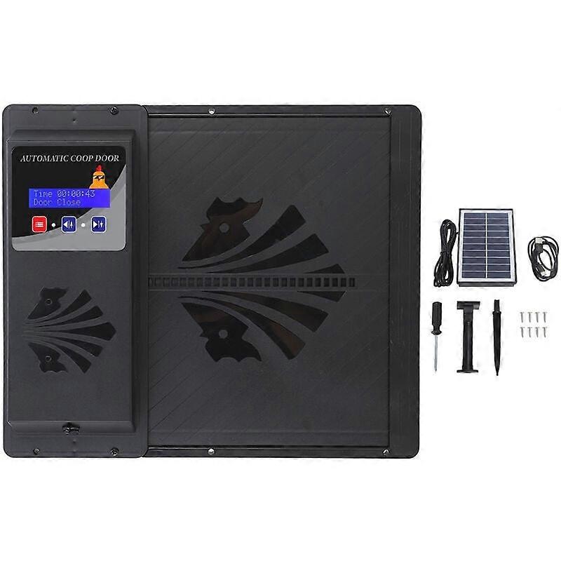 USB Solar Powered Automatic Chicken Coop Door Opener with Timer Programmable LED Display 3 Power Modes Horizontally Open Type Black