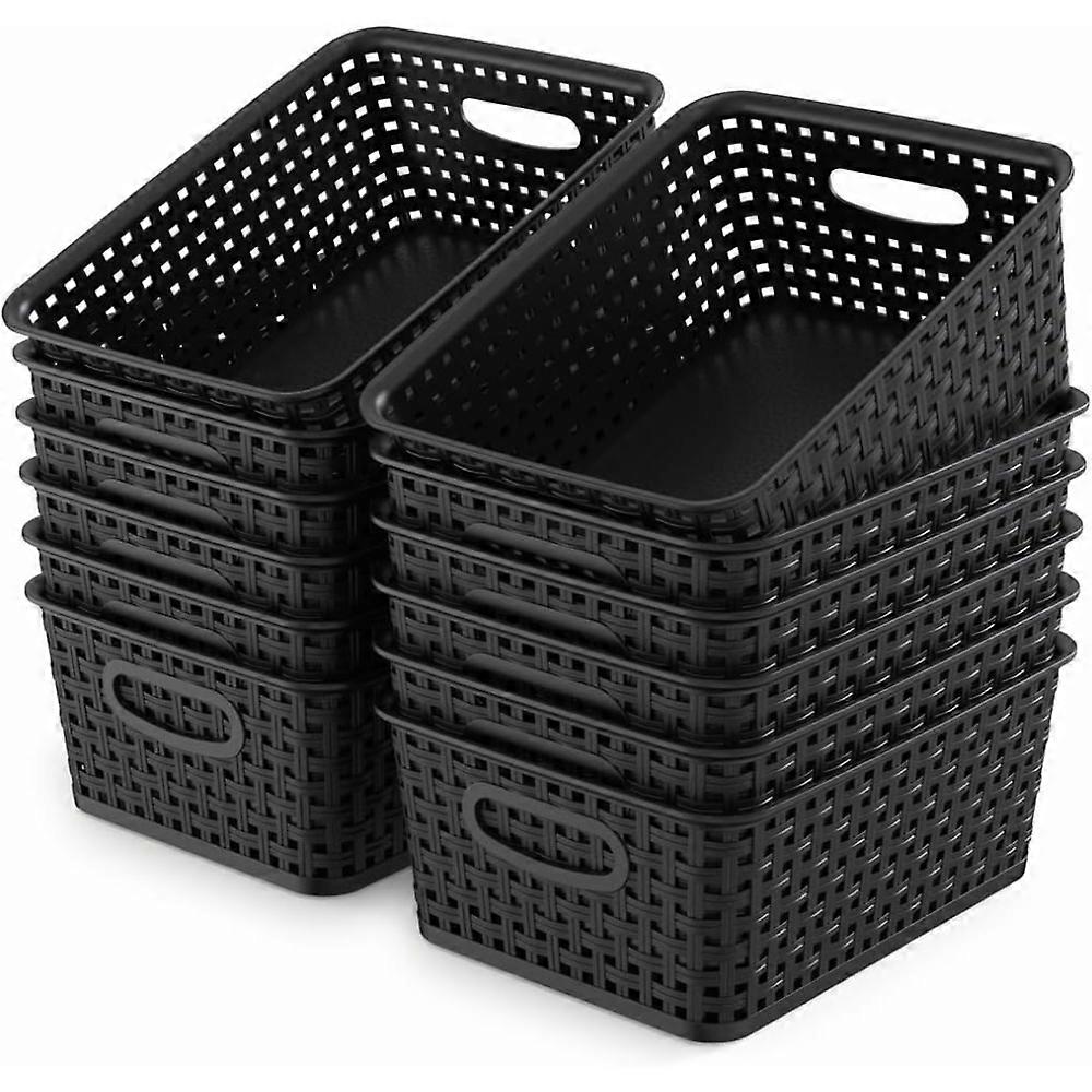 12-Pack Plastic Small Shelf Storage Weave Baskets for Organizing, Black