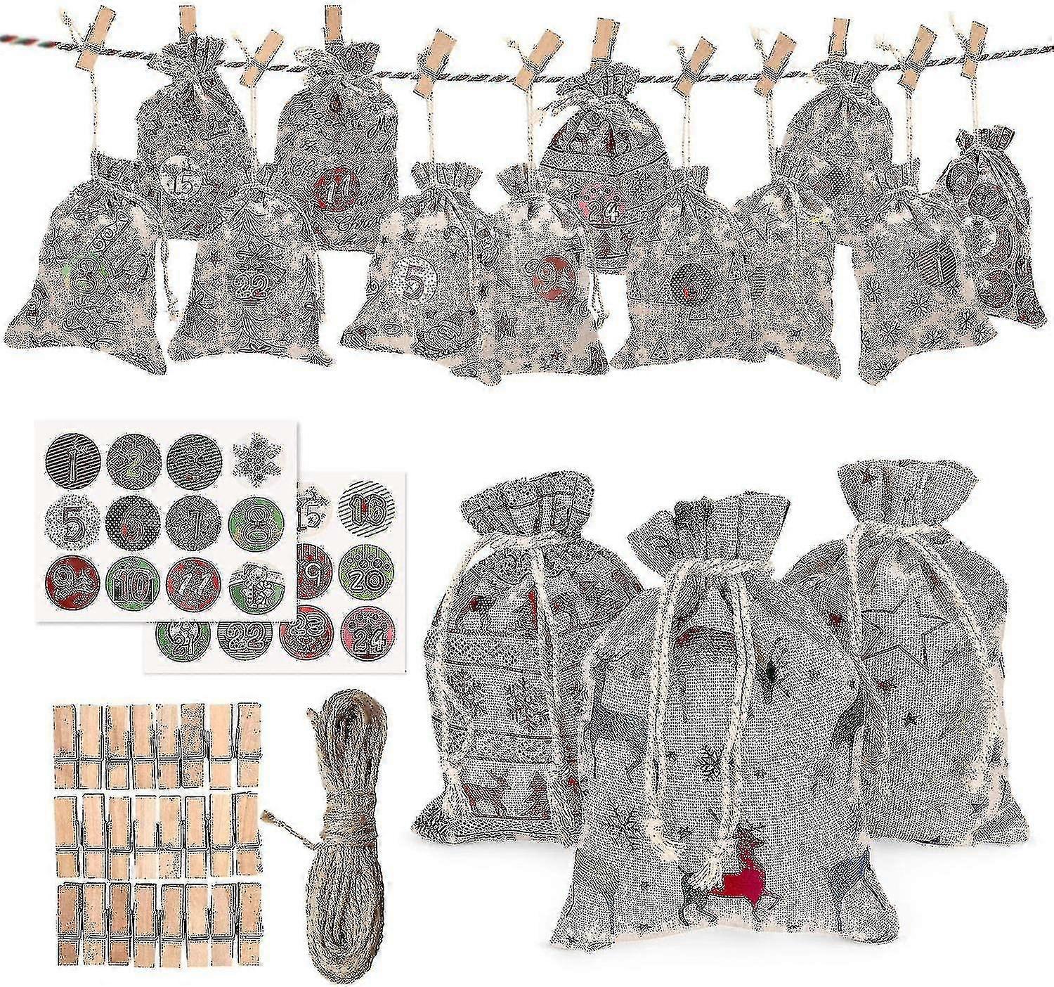 Burlap Hanging Advent Calendar Candy Gift Christmas Advent Calendar Bags With Advent Numbers Stickers, Clips Rope