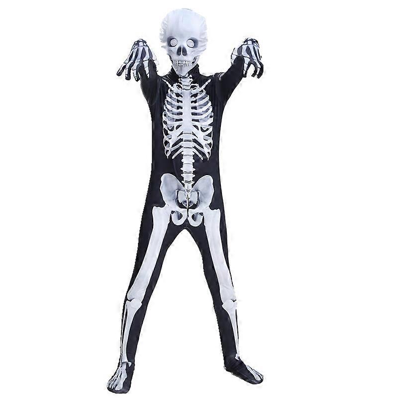 Halloween Boys Skeleton Cosplay Costume Printed Skeleton Mask Jumpsuit with Scary Masks Spooky Devil Role Play Holiday Party