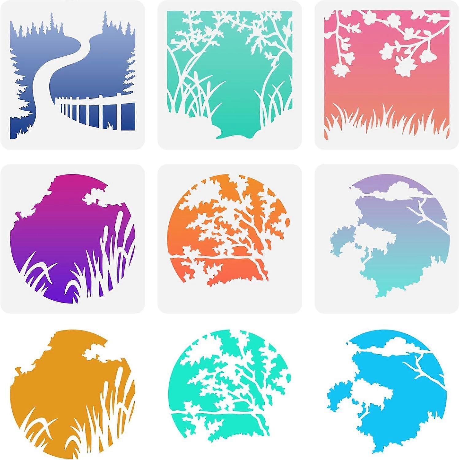 6PCS Countryside Aperture Stencils 5.9x5.9inch Reusable Countryside Scenery Silhouette Templates Path Railings Stencil Grass Reeds Cloud Painting Sten