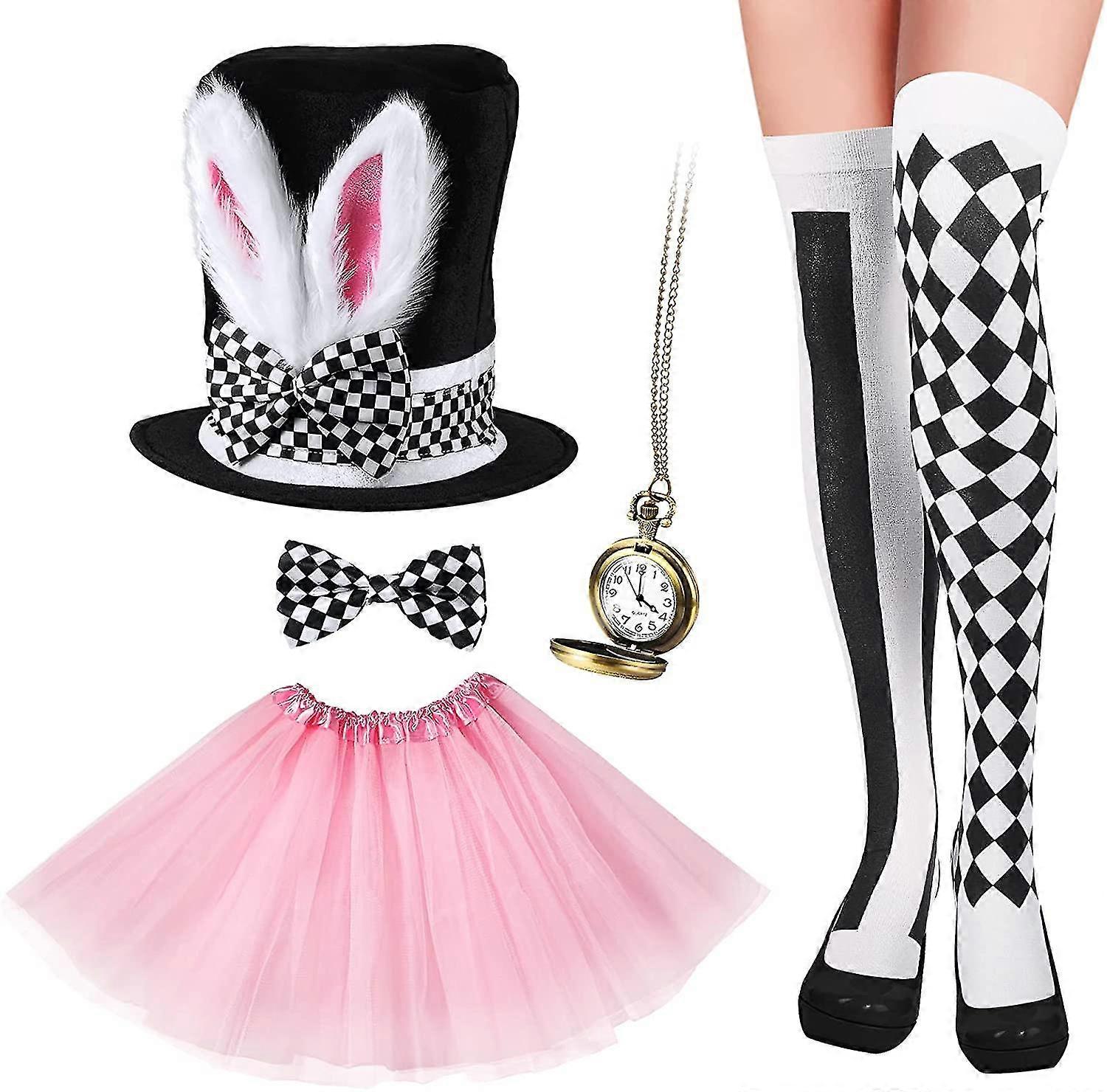 5ピースホワイトラビットコスチュームセットラビット耳トップハット太ももソックスウサギ時計ネックレス蝶ネクタイウサギの鼻