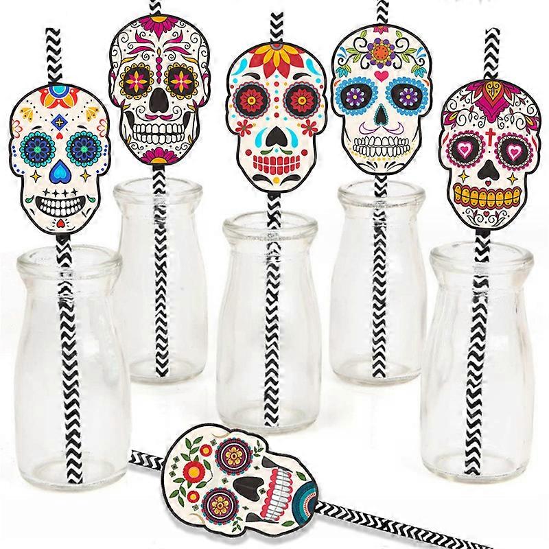 Day of the Dead - Paper Straw Decor - Halloween Sugar Skull Party Striped Decorative Straws - Set of 12/24