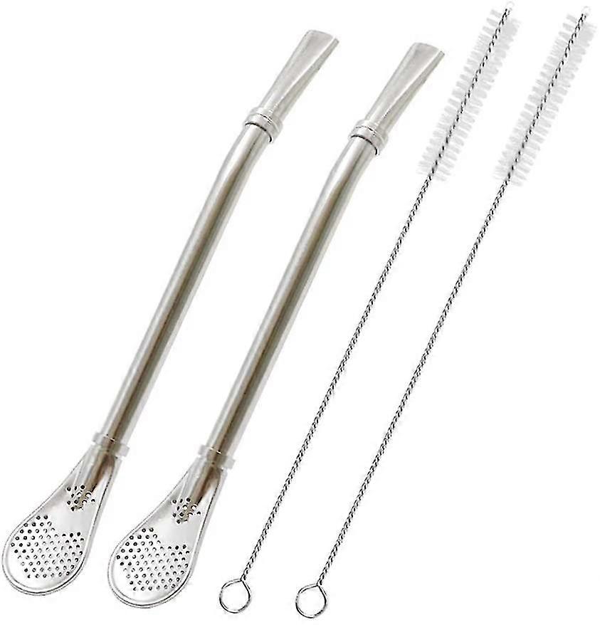 2 Pack Stainless Steel Straw With Filter Spoon, For Iced Tea, Cocktail
