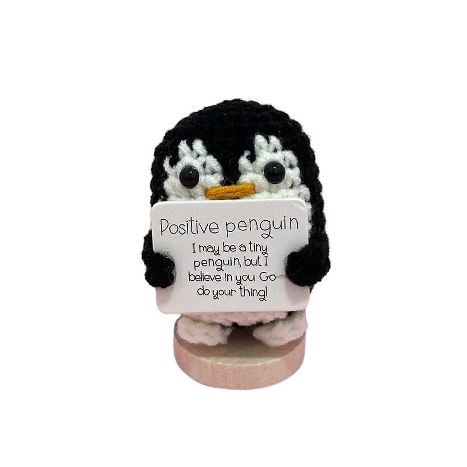 Funny Positive Animal Knitted Doll Ornament Mini Smiling Penguin Hand Woven Doll with Positive Card
