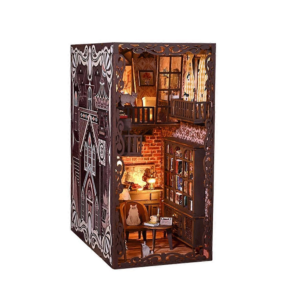 DIY Book Nook Kit, DIY Basement Bookshelf Insert Decor Alley, with Lights, 3D Wooden Puzzle Decorative for Kids/Adults