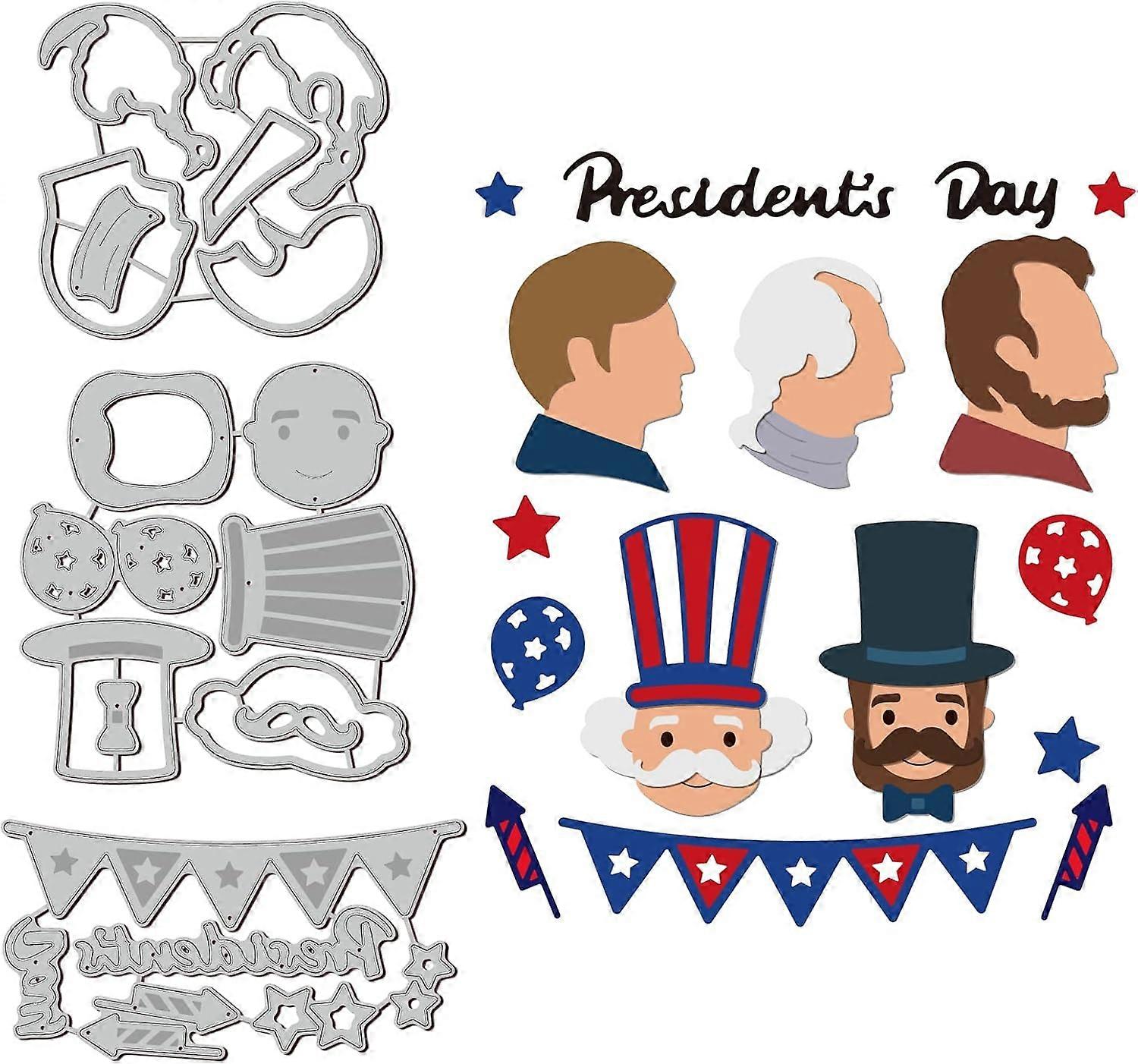 3Pcs 3 Styles President Day Carbon Steel Cutting Dies Stencils for DIY Scrapbooking Photo Album Decorative Embossing Paper Card Stainless Steel Color