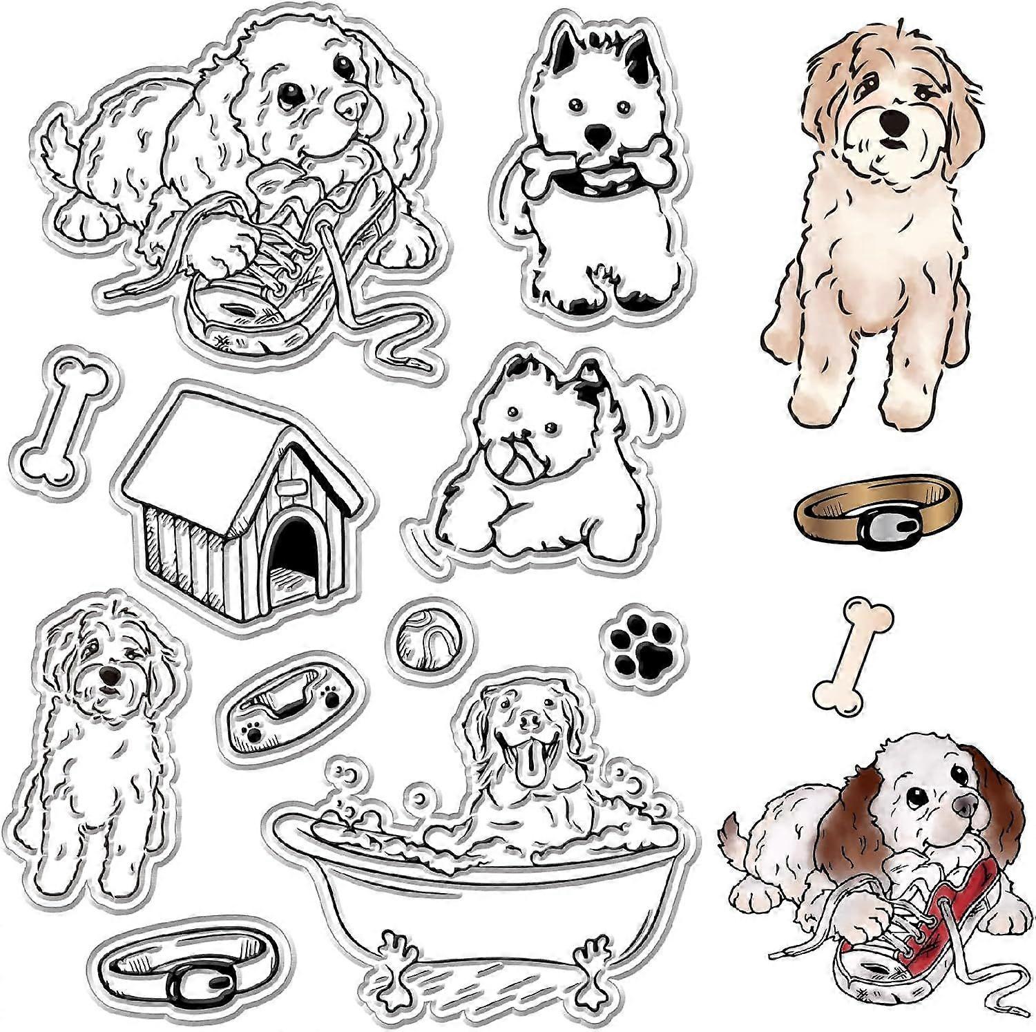 Dog Clear Stamps Puppy Pet Dog Kennel Bones Animal Retro Transparent Silicone Stamp Seals for Journaling Card Making Notebook Decor DIY Scrapbooking H