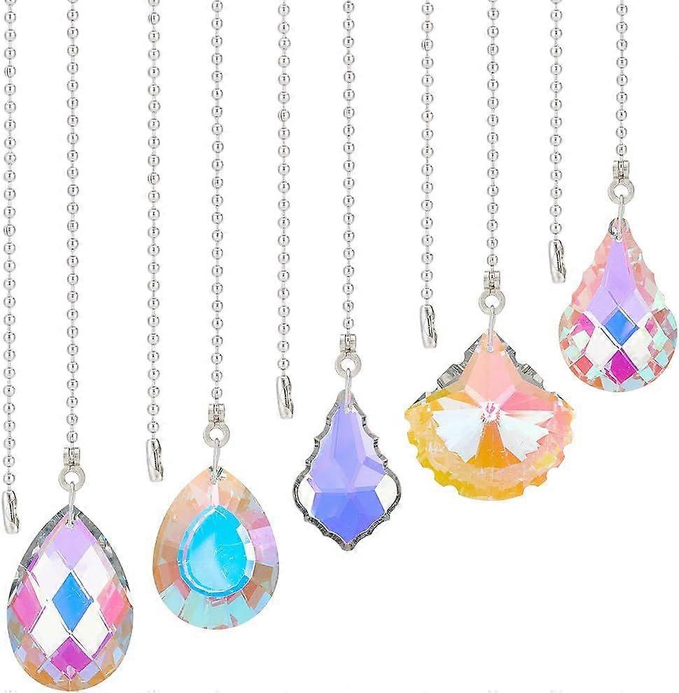 5Pcs Glass Crystal Ceiling Fan Pull Chain Teardrop Shell Diamond Oval Drop Rainbow Pull Chain Extenders Hanging Suncatcher with Ball Chain for Bathroo