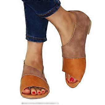 Stylish Retro Women Side Empty Fish Mouth Sandals Stitching Color Flat Shoes(Brown Coffee,36)