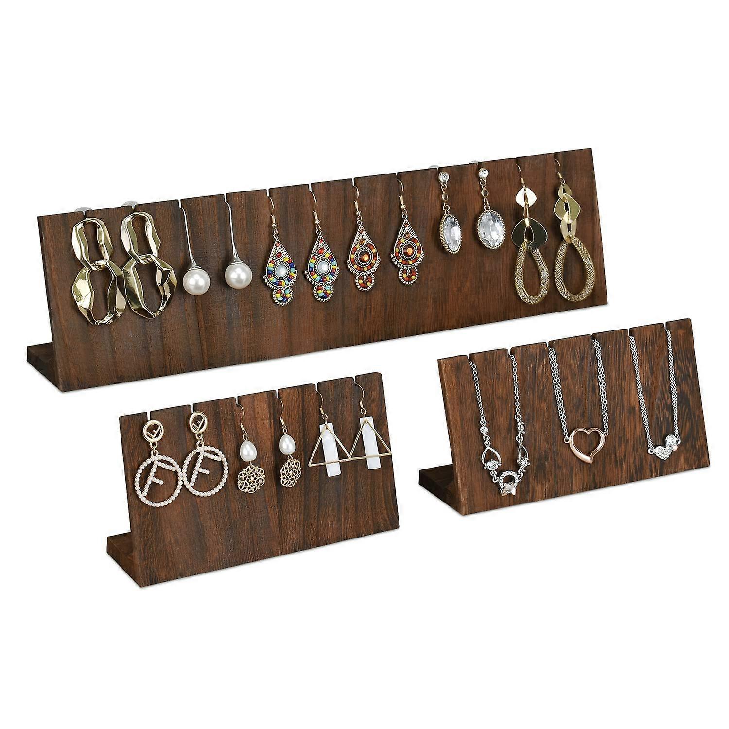 3 Piece Elegant Jewelry Display Set Stand for Earrings and Pendants, Holds 12 Pairs, Black Velvet and Metal Design