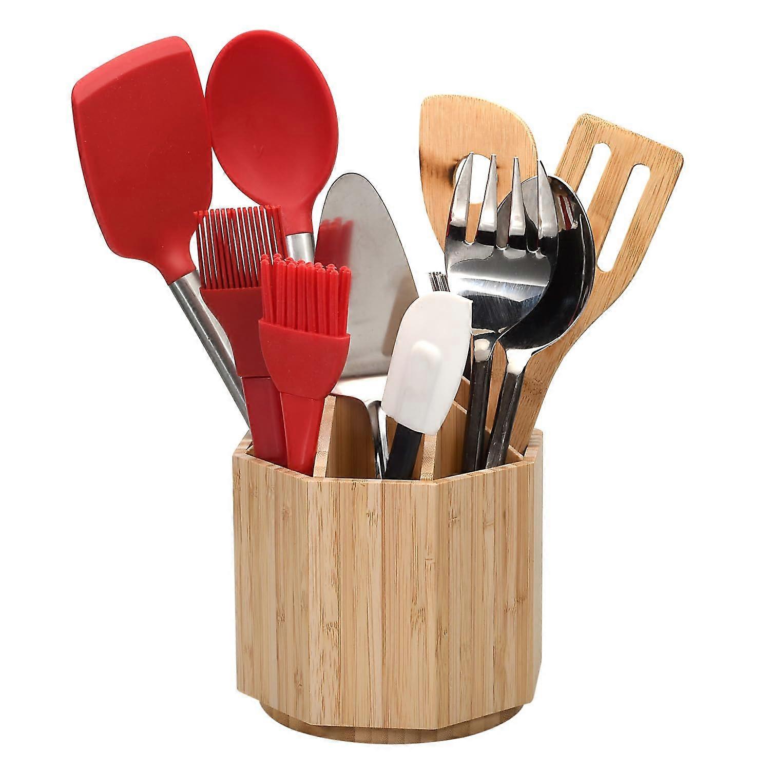 Bamboo Rotating Utensil Holder with 8 Sections and Removable Dividers