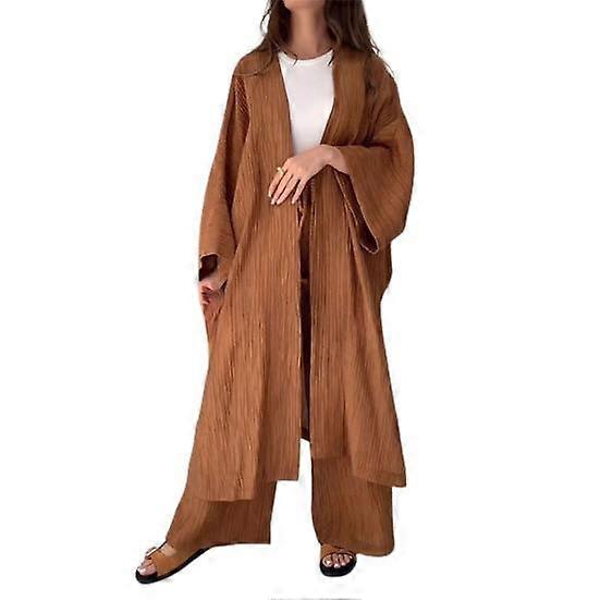 2 Pcs/Set Women Cardigan Pants Suit Long Sleeve Loose Pleated Top Wide Leg High Elastic Waist Pockets Trousers Casual Daily Coat Trousers Set