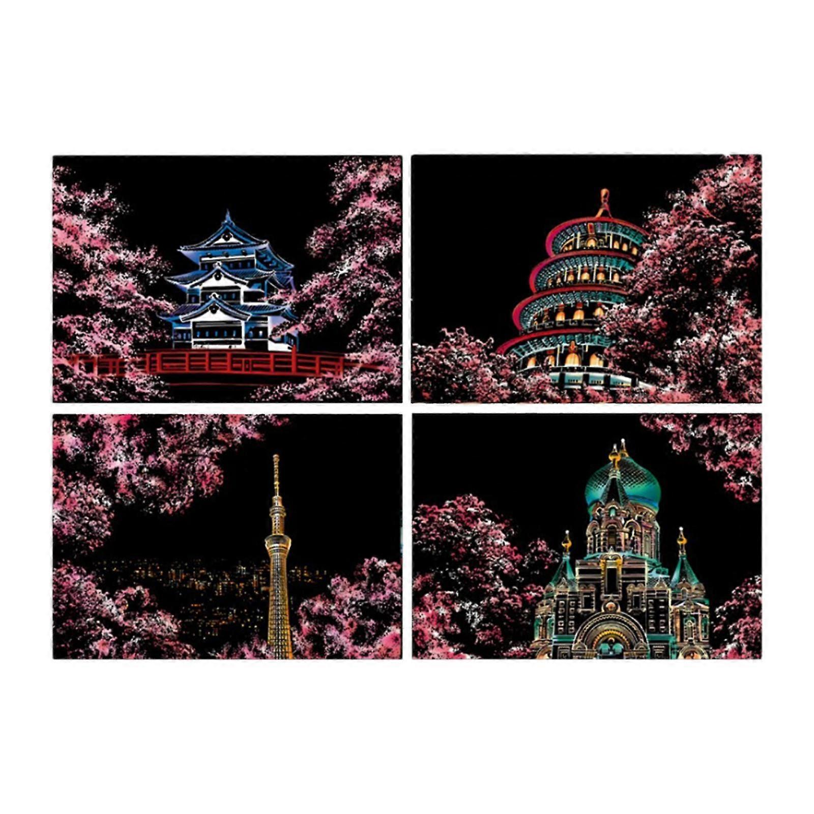 4 Pieces Scratch Paper Art Set Art Craft Creative, Sketch Pad, with Wooden Stick