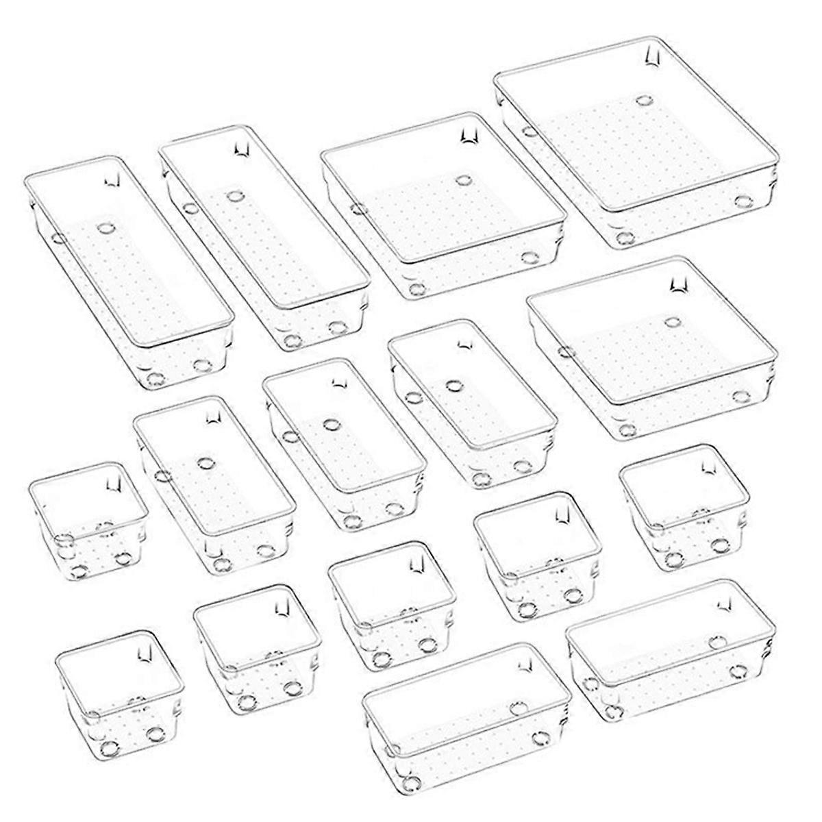 16-Piece Drawer Organizer Set, 5 Different Sized Bathroom and Kitchen Drawer Storage Trays, Transpa