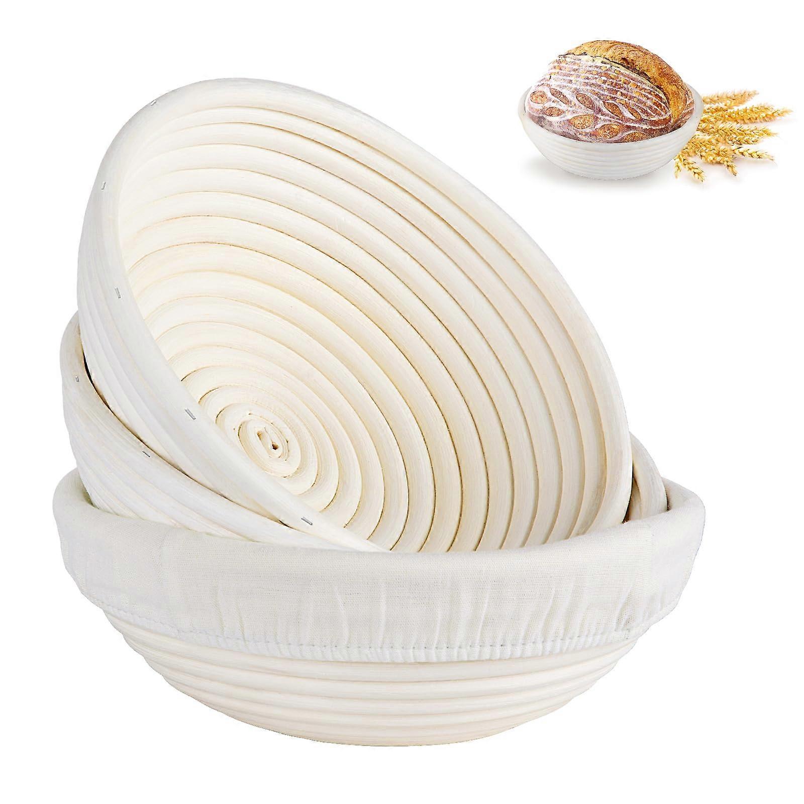Bread Proofing Basket Set of 3 – 9 Inch Round Handmade Rattan Sourdough Proofing Bowls with Liners for Artisan Baking