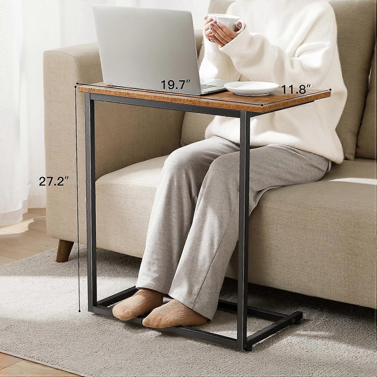 C Shaped End Table 27 Inches High, Natural Wood Finish, Sofa Side Table for Living Room, Couch Slide Under Design