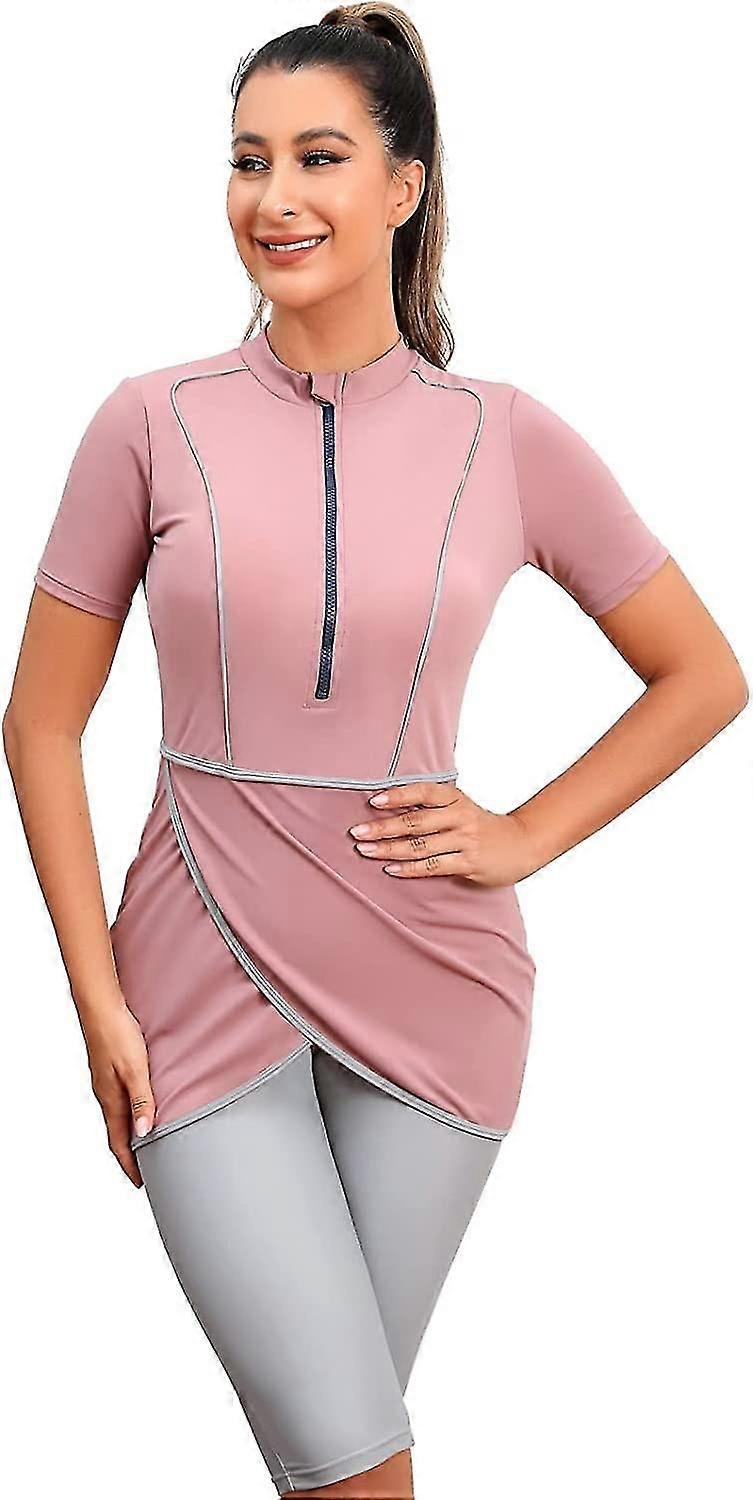 Γυναικεία Σεμνά Μαγιό Ισλαμικό Μουσουλμανικό Μαγιό Κοντομάνικο Φερμουάρ Μπροστινό Σορτς Παντελόνι Χιτζάμπ 3τμχ Μαγιό Κοστούμι-e