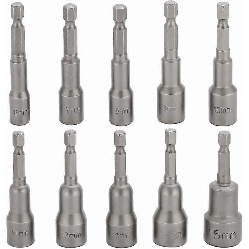 10 Pcs Impact Driver Socket Bit 6-15mm Set Magnetic Hex Socket Magnetic Bit Set Drill Hex Socket Socket Set 1/4 Inch for Quick Change Chuck