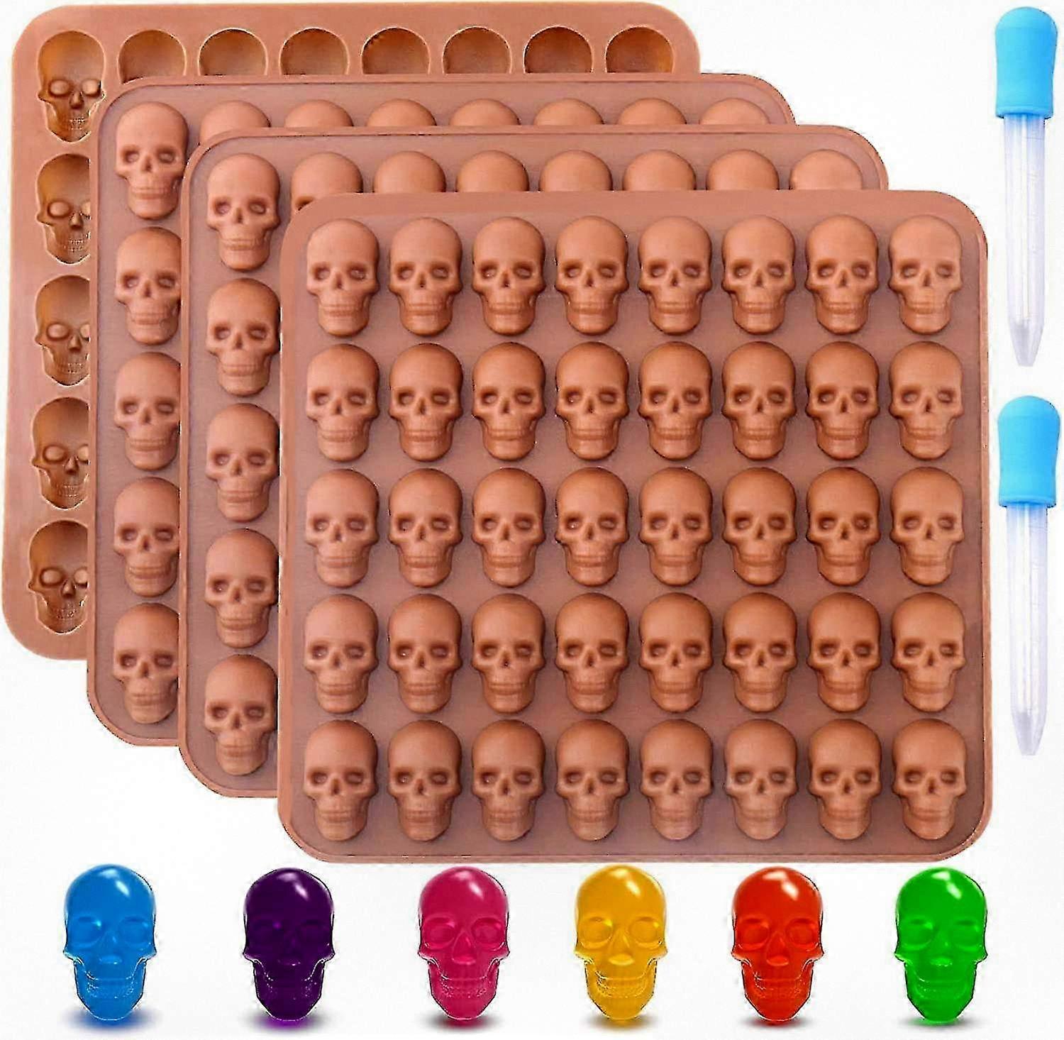 Silicone Skull Candy Molds - 4 Pack with 40 Cavities, Non-Stick Design and 2 Droppers Ideal for Chocolate and Candy Making