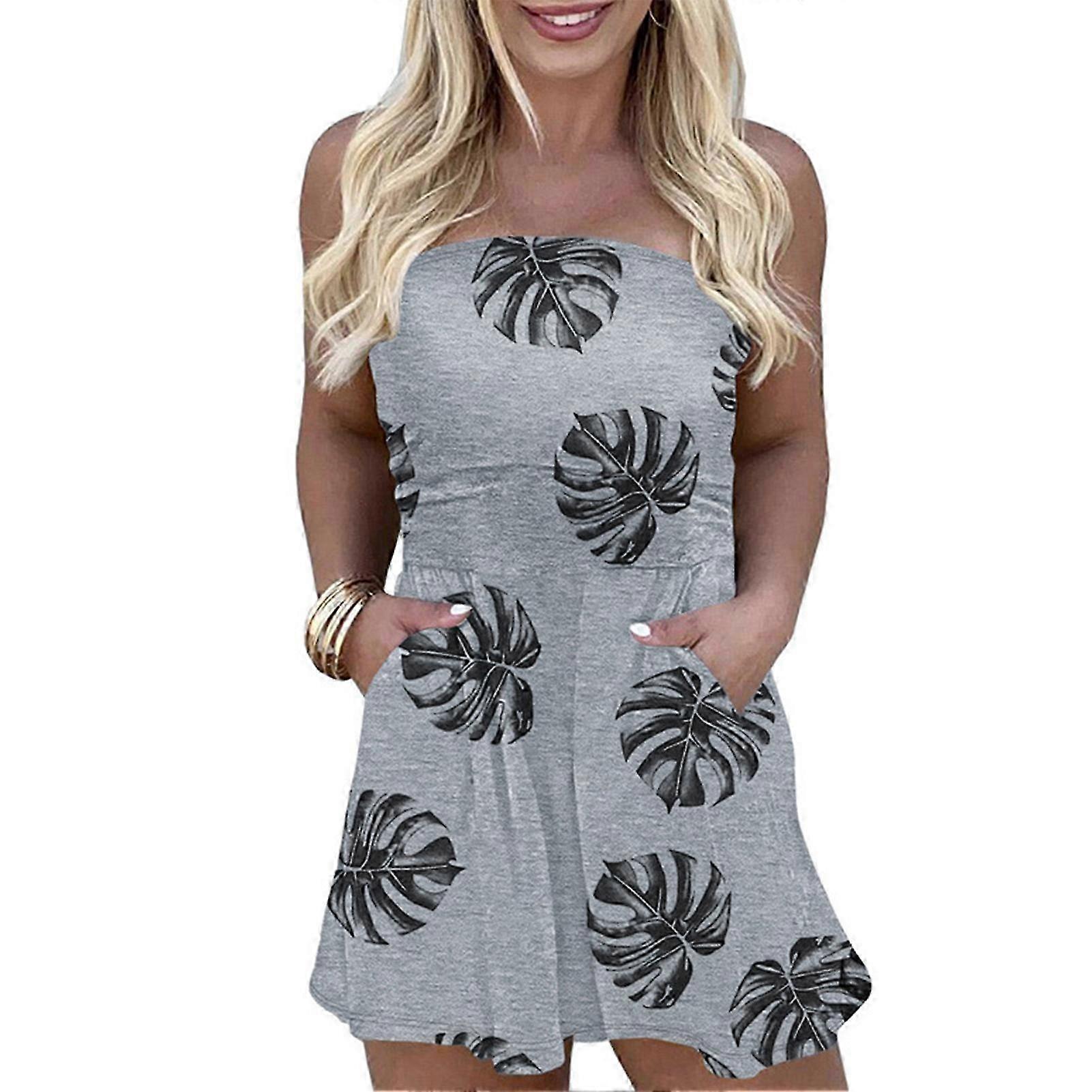 Ladies Sleeveless Jumpsuit High Waist Off Shoulder Strapless Wide Leg with Pocket Light Gray 2XL