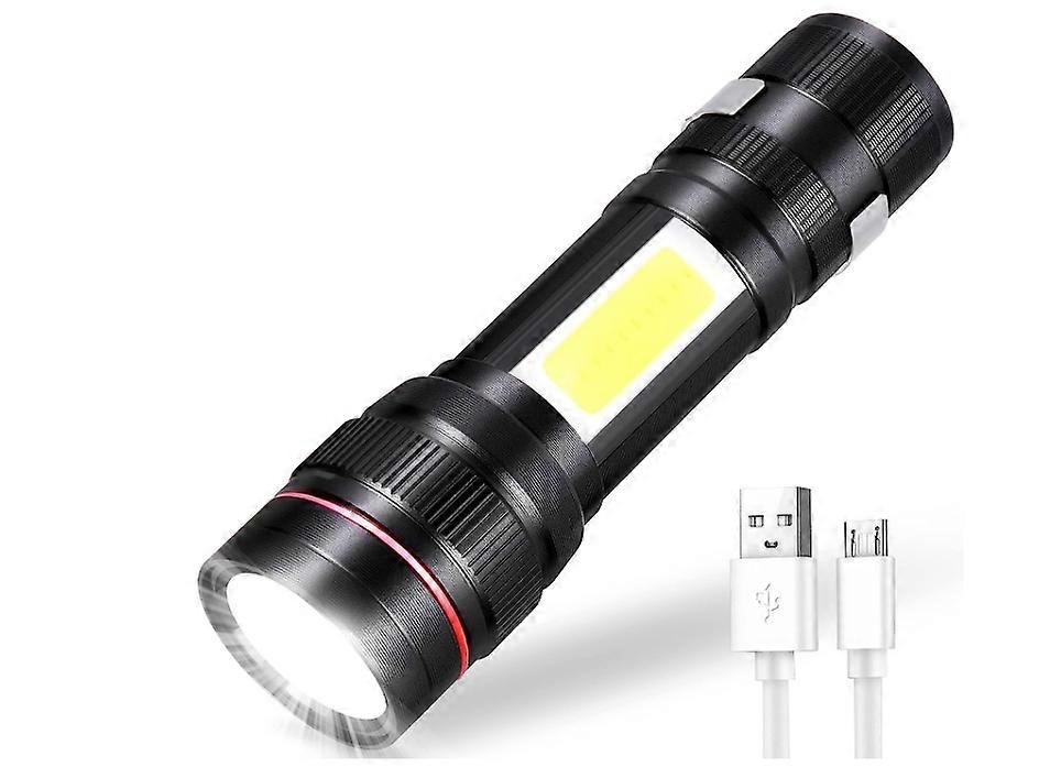 LED Torch Rechargeable, 800LM Adjustable Focus Waterproof Flashlight with Side Light, Mini Torches COB Light 3 Modes(Black)