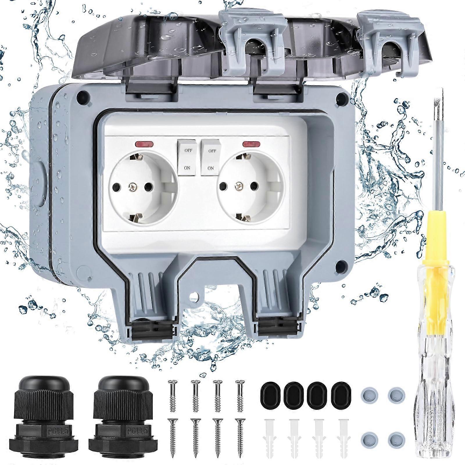 IP66 Waterproof Outdoor Socket, 2 Power Sockets and Protective Shutter