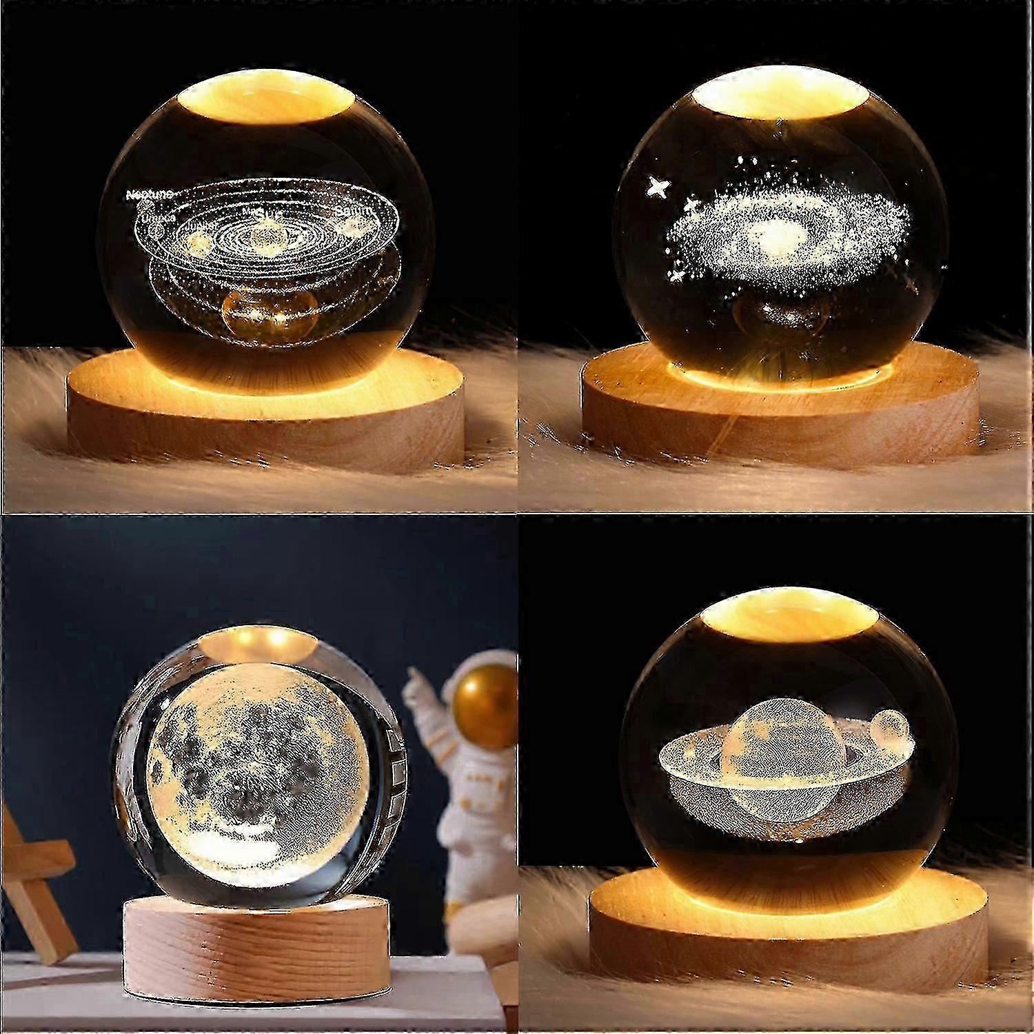 Lampka nocna 3D Solar System Crystal Ball z drewnianą podstawą, element dekoracji wnętrz