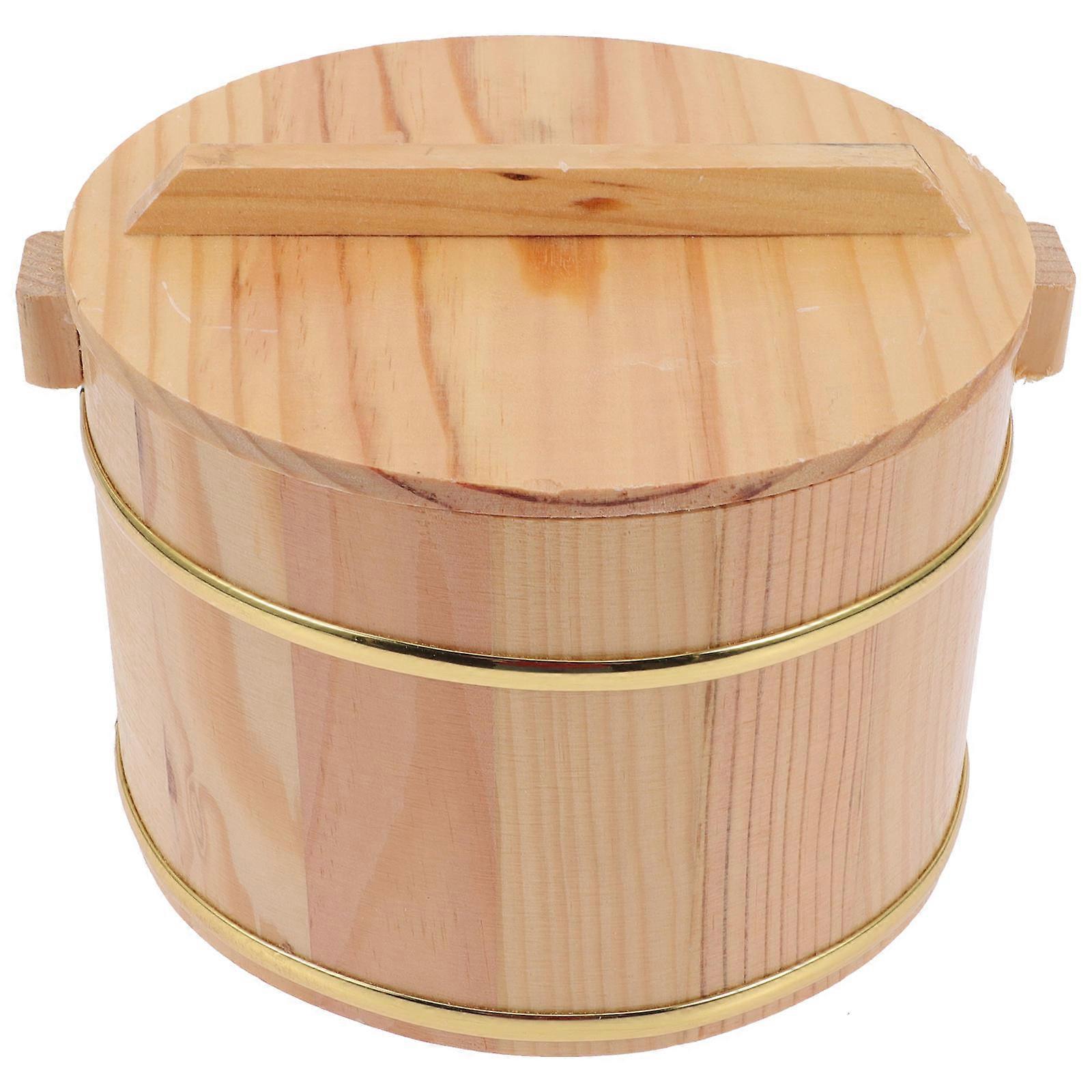 Bucket Set Wooden Rice Bucket With Lid Stainless Steel Color For Restaurants Rice Storage 18x18cm Cylindrical 1Set