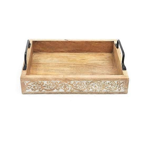 35.56 cm Donna Decorative Tray with Handle in Rectangular Shape Made by Mango Wood with Hand Carving