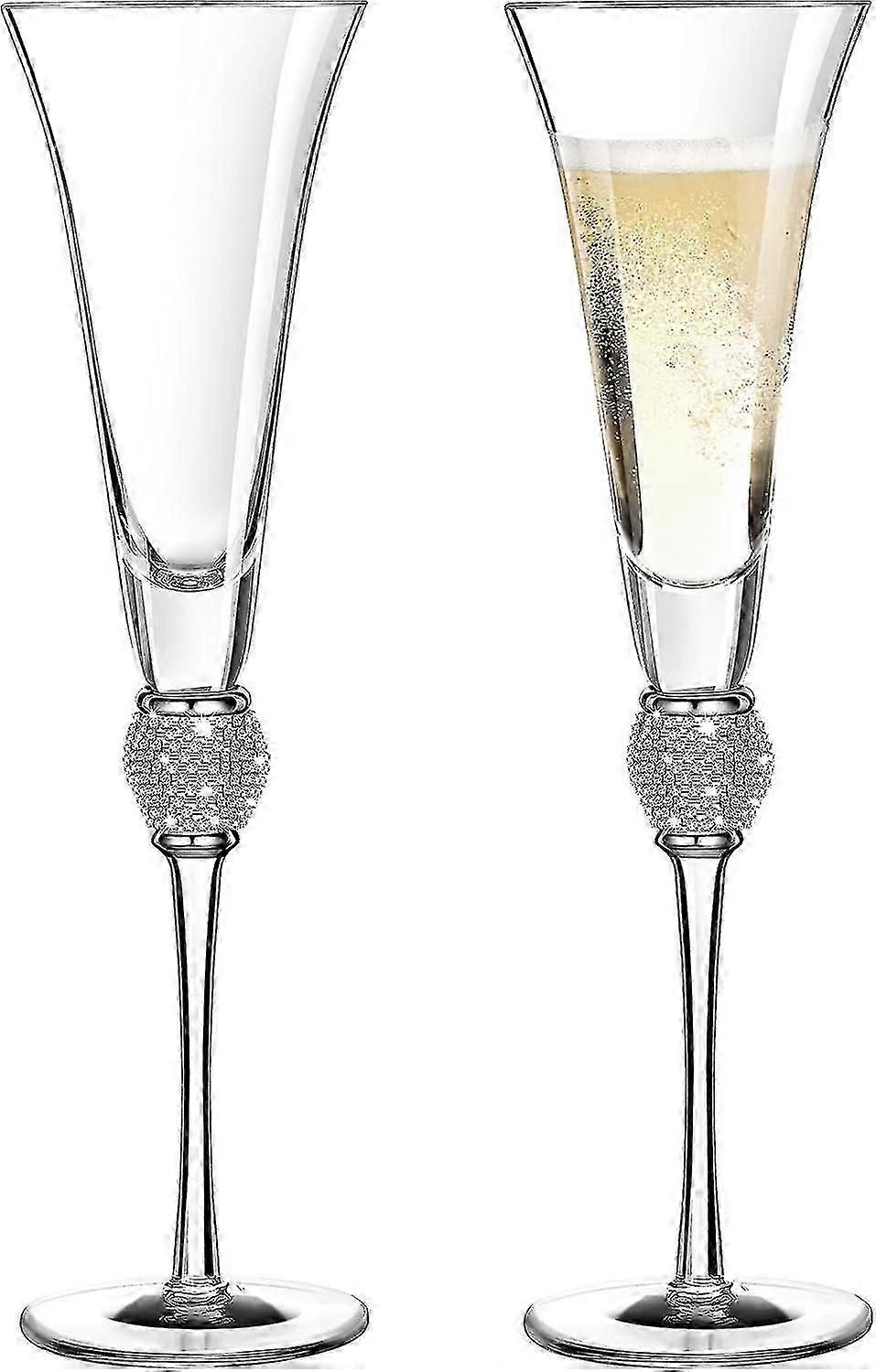 2pcs Rhinestone Champagne Glasses Wedding Toasting Glasses Diamond Glasses Long Handle Glassware For Wedding, Party, Anniversary (silver)