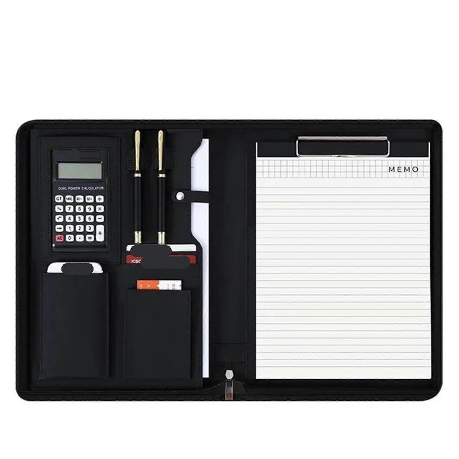 Leather contract file folder for documents men executive briefcase with zipper (BlackA)