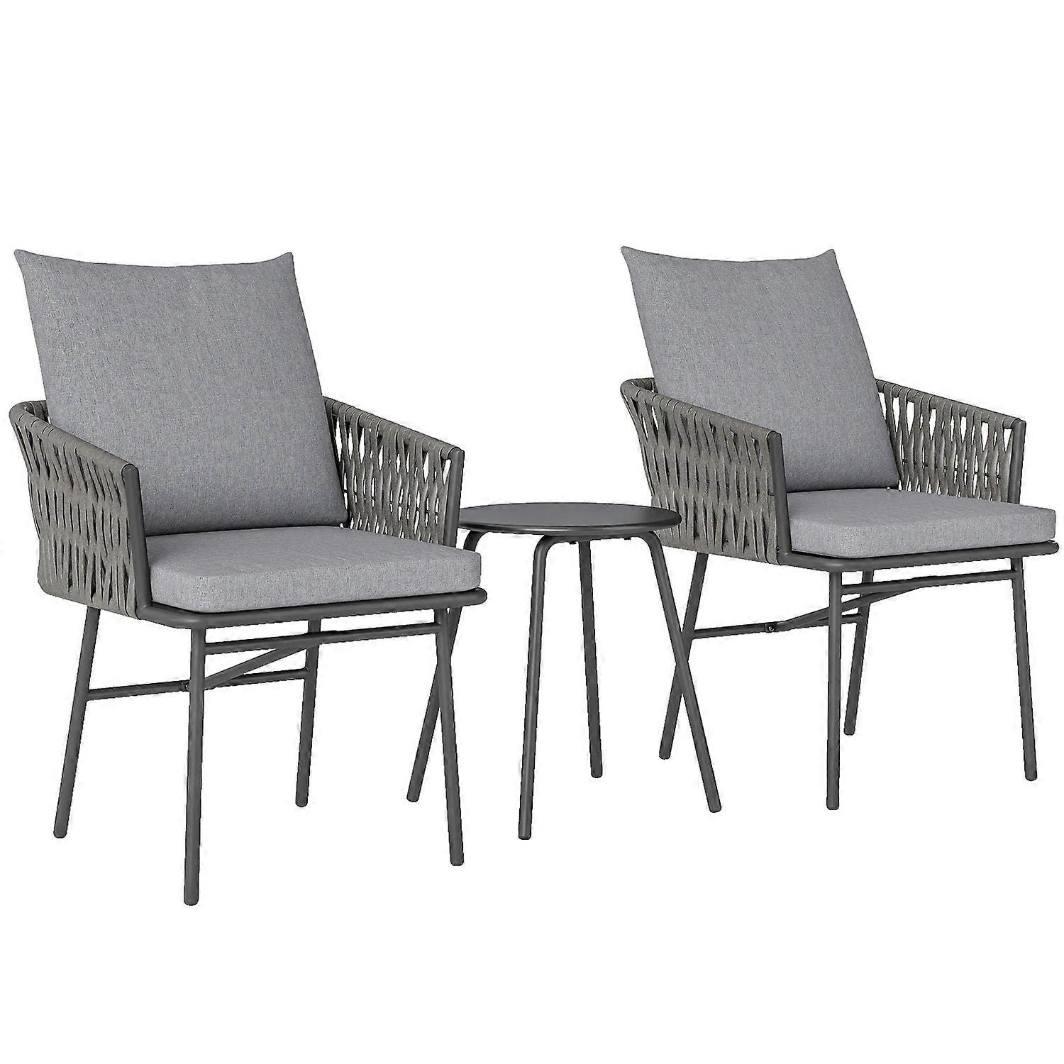 3-Piece Outdoor Furniture, 2 Chairs, 1 Table, Bistro Set, Synthetic Rattan, Steel Frame, Metal Table, 4 Cushions, Grey