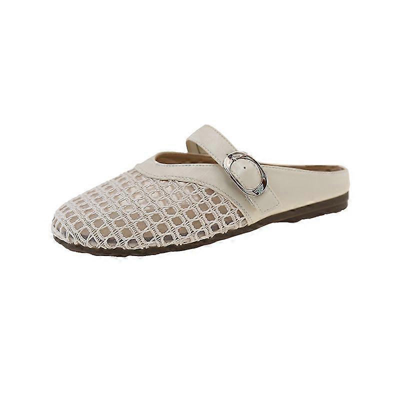Summer Hollow Mesh Surface Closed Toe Half Slippers Women's Outer Wear Flat Belt Buckle Slip-On Lazy Shoes