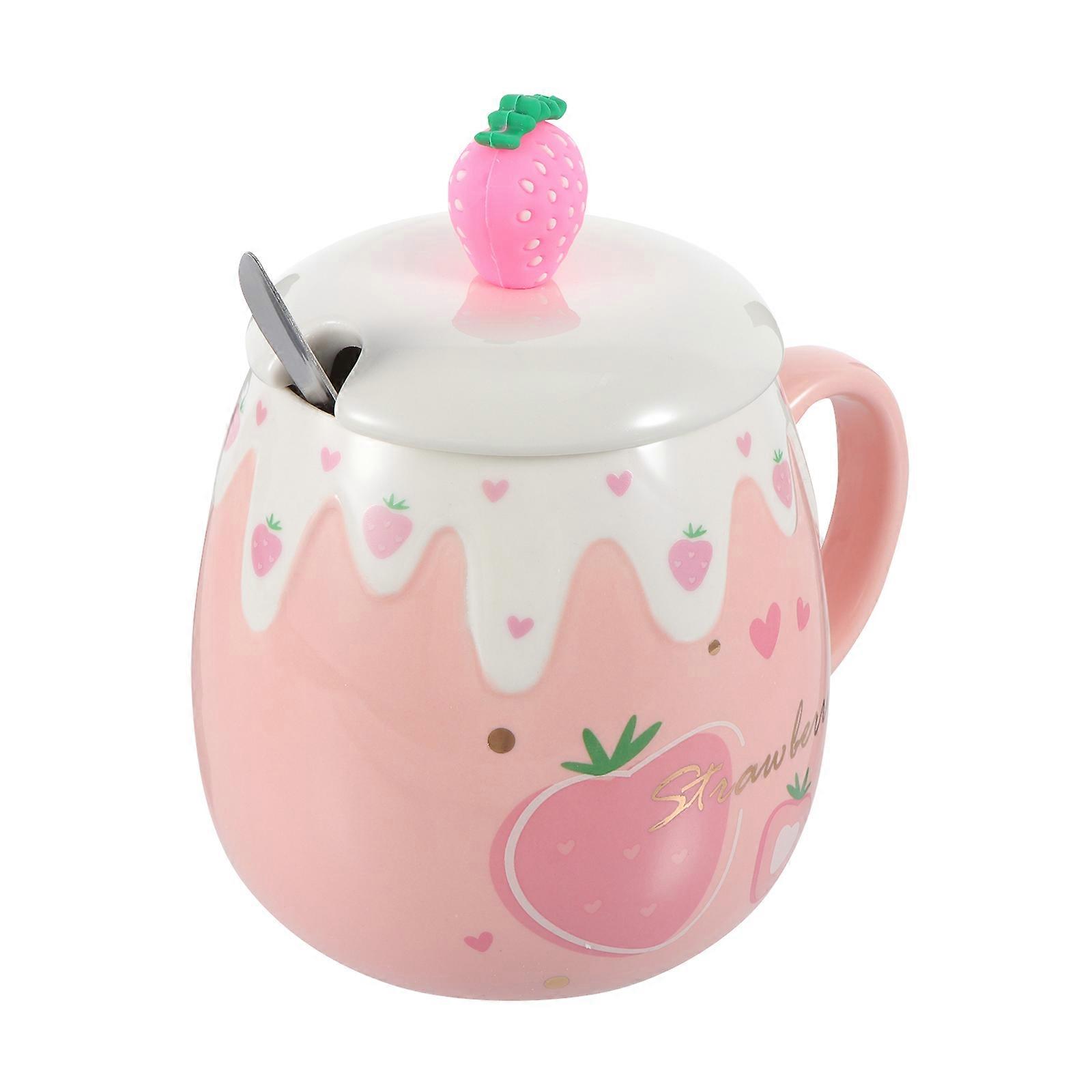 Strawberry Pattern Water Cup Coffee Shop Round Base Ceramic Storage 1Set