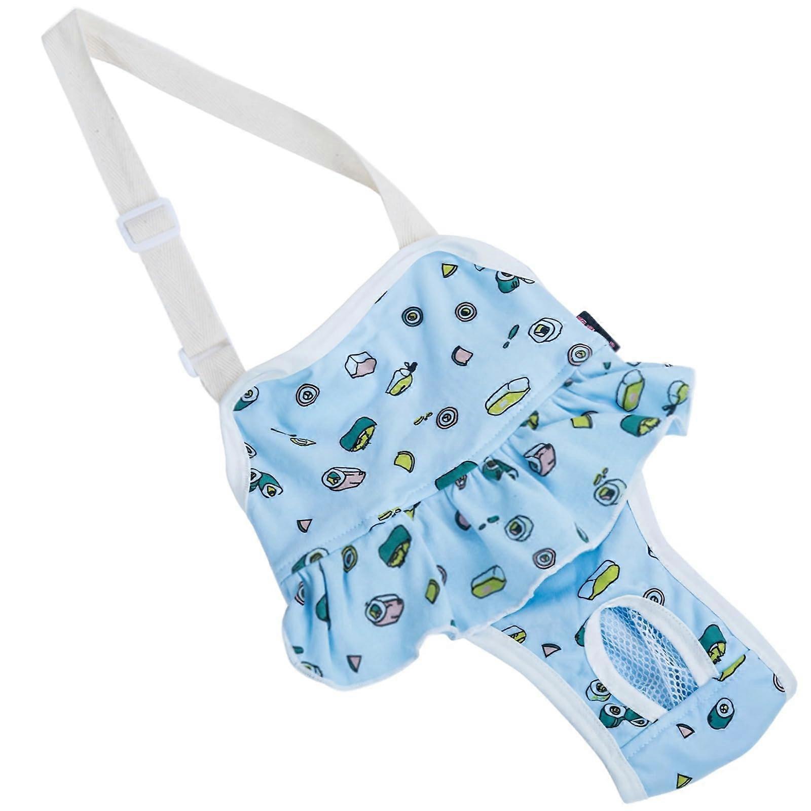 Dog diaper with cartoon design, adjustable straps, back opening, cotton fabric, multiple sizes for dogs